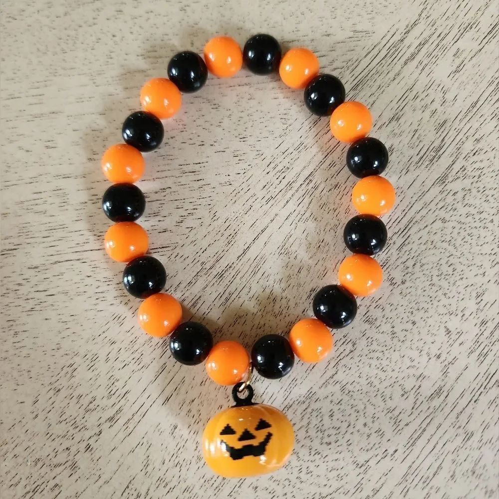 Halloween Pumpkin Bead Bracelet Orange and Black